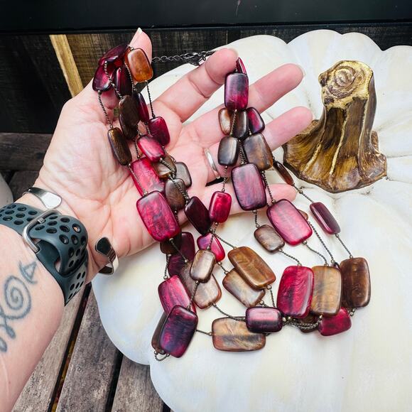 Chico's Multi Stand Statement Necklace-Pink & Brown Resin Lucite Beads - Picture 2 of 7